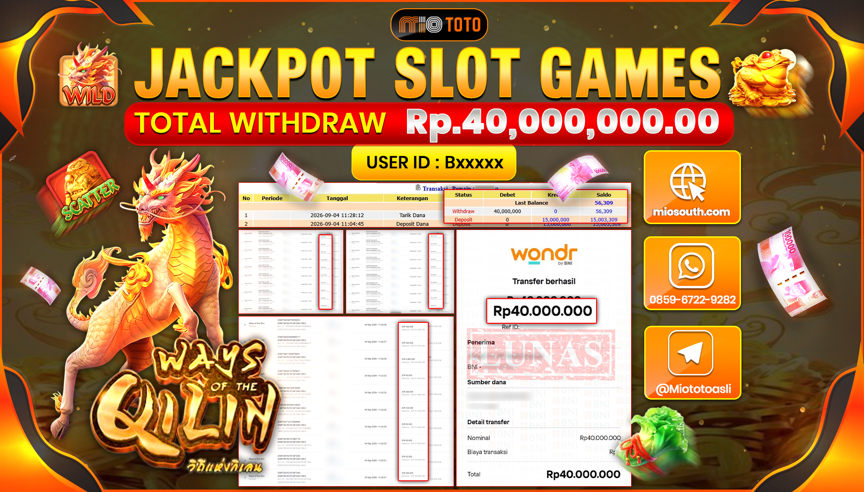 JACKPOT SLOT WAYS OF THE QILIN Rp.40.000.000 DI BAYAR TUNAI !!!
