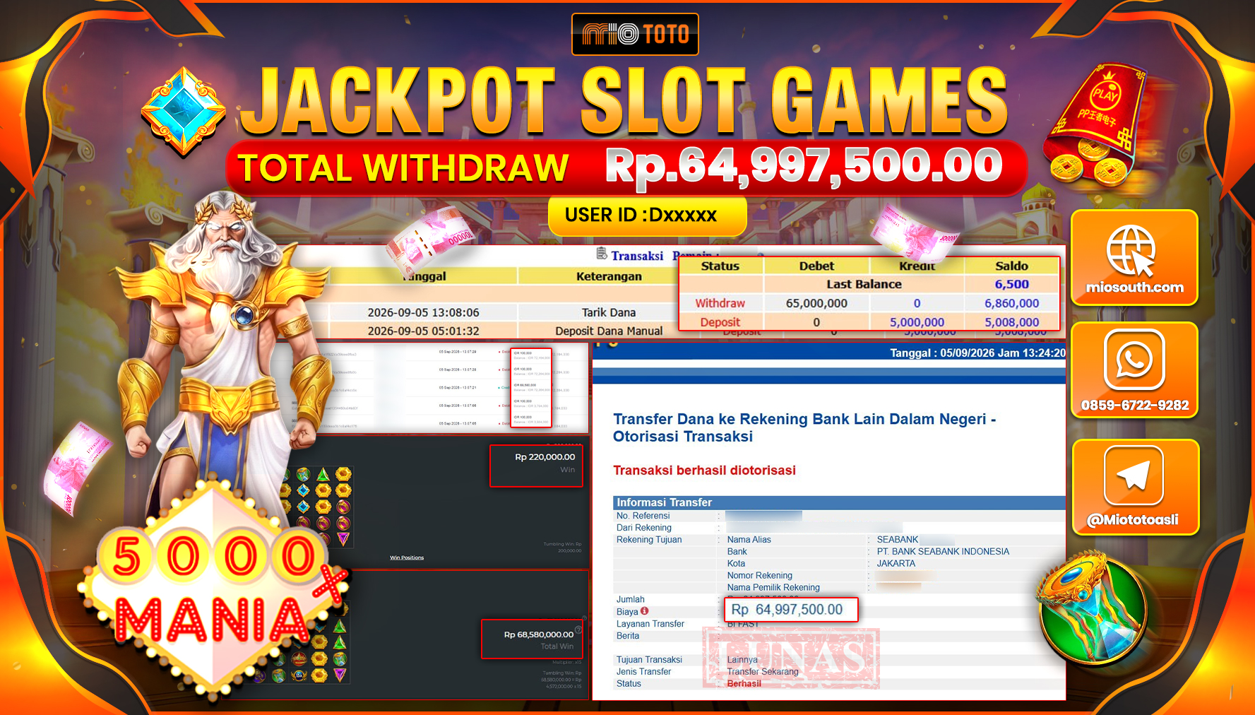 JACKPOT SLOT 5000X MANIA Rp.64.997.500 DI BAYAR TUNAI !!!