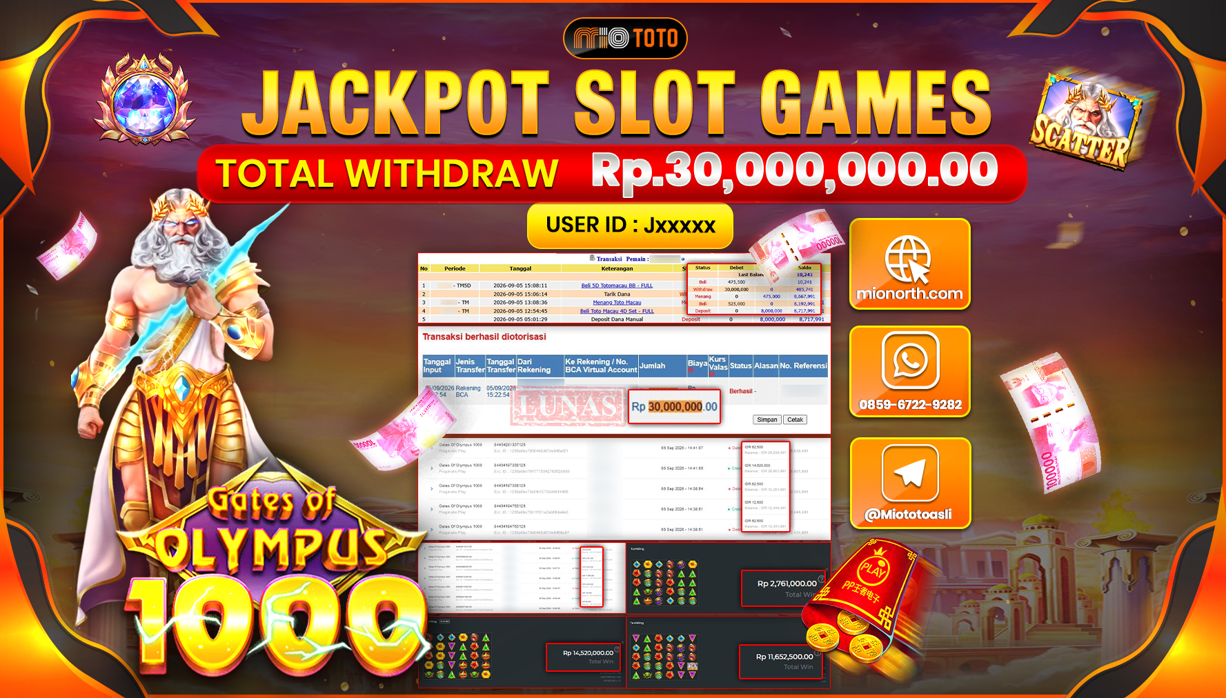 JACKPOT SLOT GATES OF OLYMPUS 1000 Rp.30.000.000 DI BAYAR TUNAI !!!