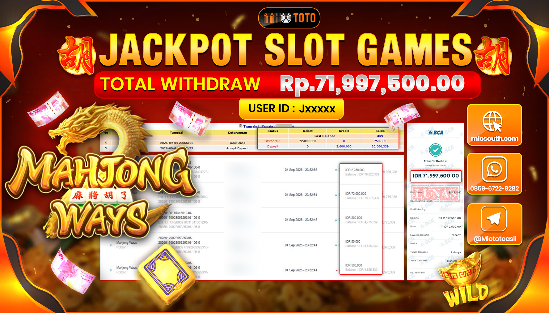 JACKPOT SLOT MAHJONG WAYS Rp.71.997.500 DI BAYAR TUNAI !!!