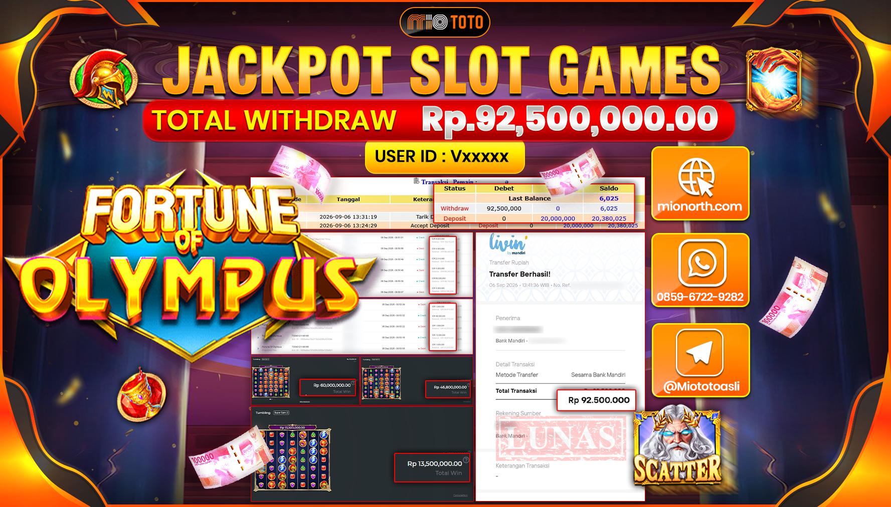 JACKPOT SLOT FORTUNE OF OLYMPUS Rp.92.500.000 DI BAYAR TUNAI !!!