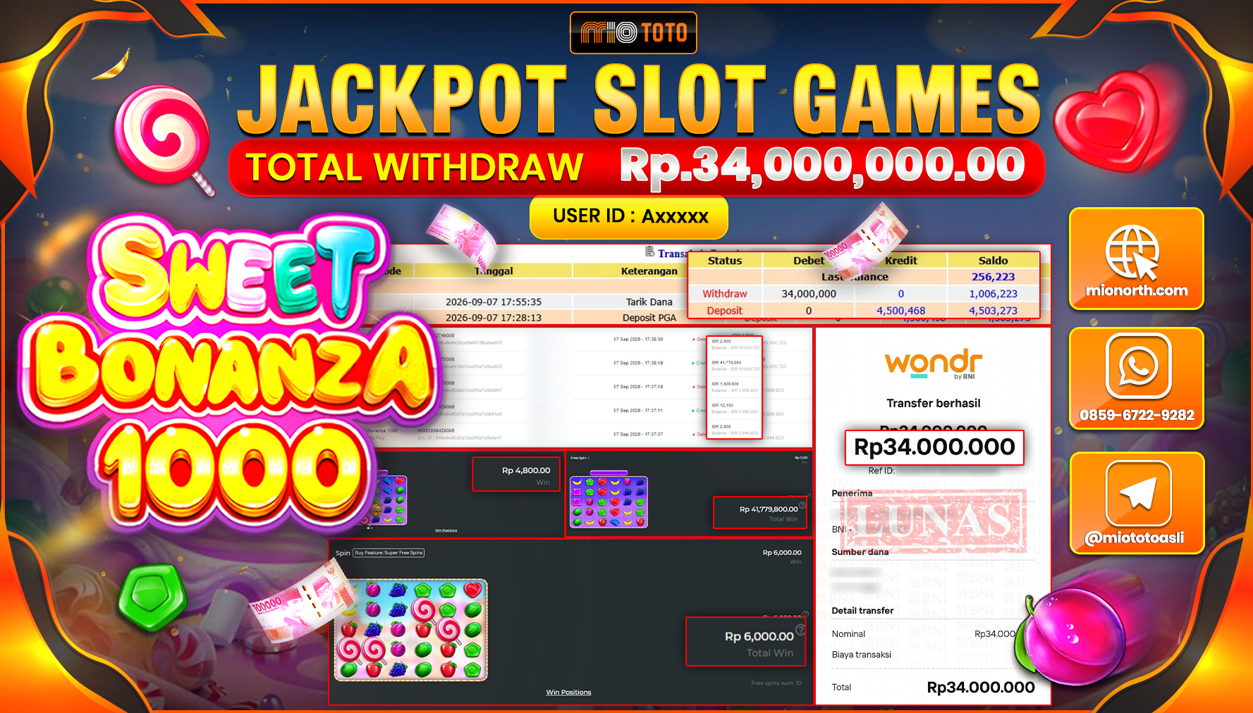 JACKPOT SLOT SWEET BONANZA 1000 Rp.34.000.000 DI BAYAR TUNAI !!!