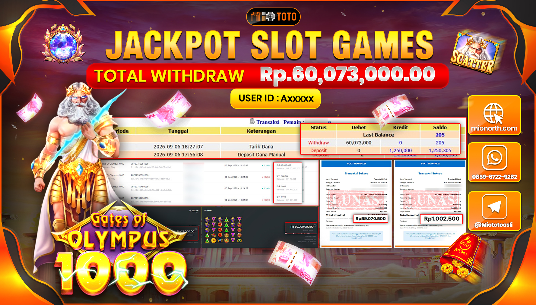 JACKPOT SLOT GATES OF OLYMPUS 1000 Rp.60.073.000 DI BAYAR TUNAI !!!