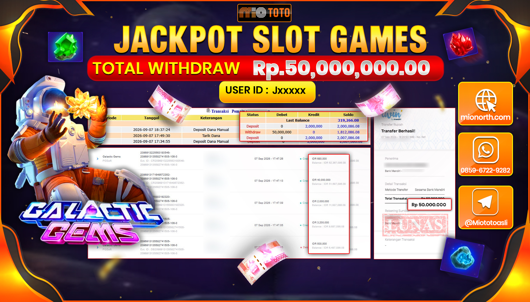 JACKPOT SLOT GALACTIC GEMS Rp.50.000.000 DI BAYAR TUNAI !!!