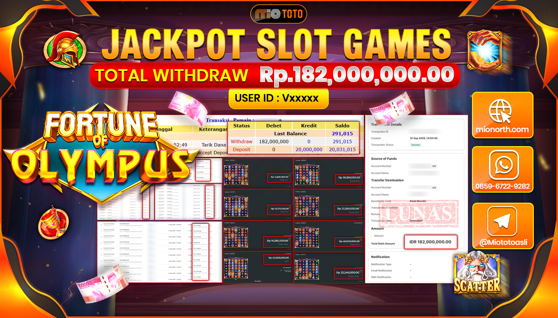 JACKPOT SLOT FORTUNE OF OLYMPUS Rp.182.000.000 DI BAYAR TUNAI !!!