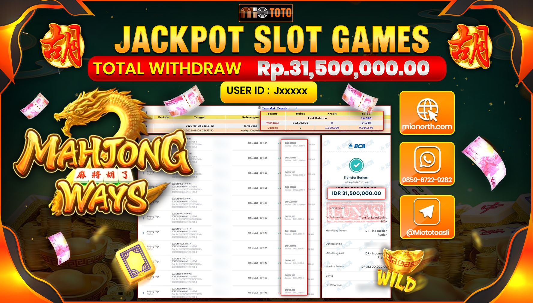 JACKPOT SLOT MAHJONG WAYS Rp.31.500.000 DI BAYAR TUNAI !!!