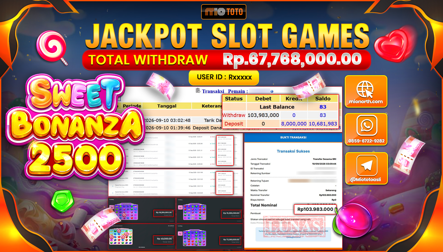 JACKPOT SLOT SWEET BONANZA 2500 Rp.67.768.000 DI BAYAR TUNAI !!!