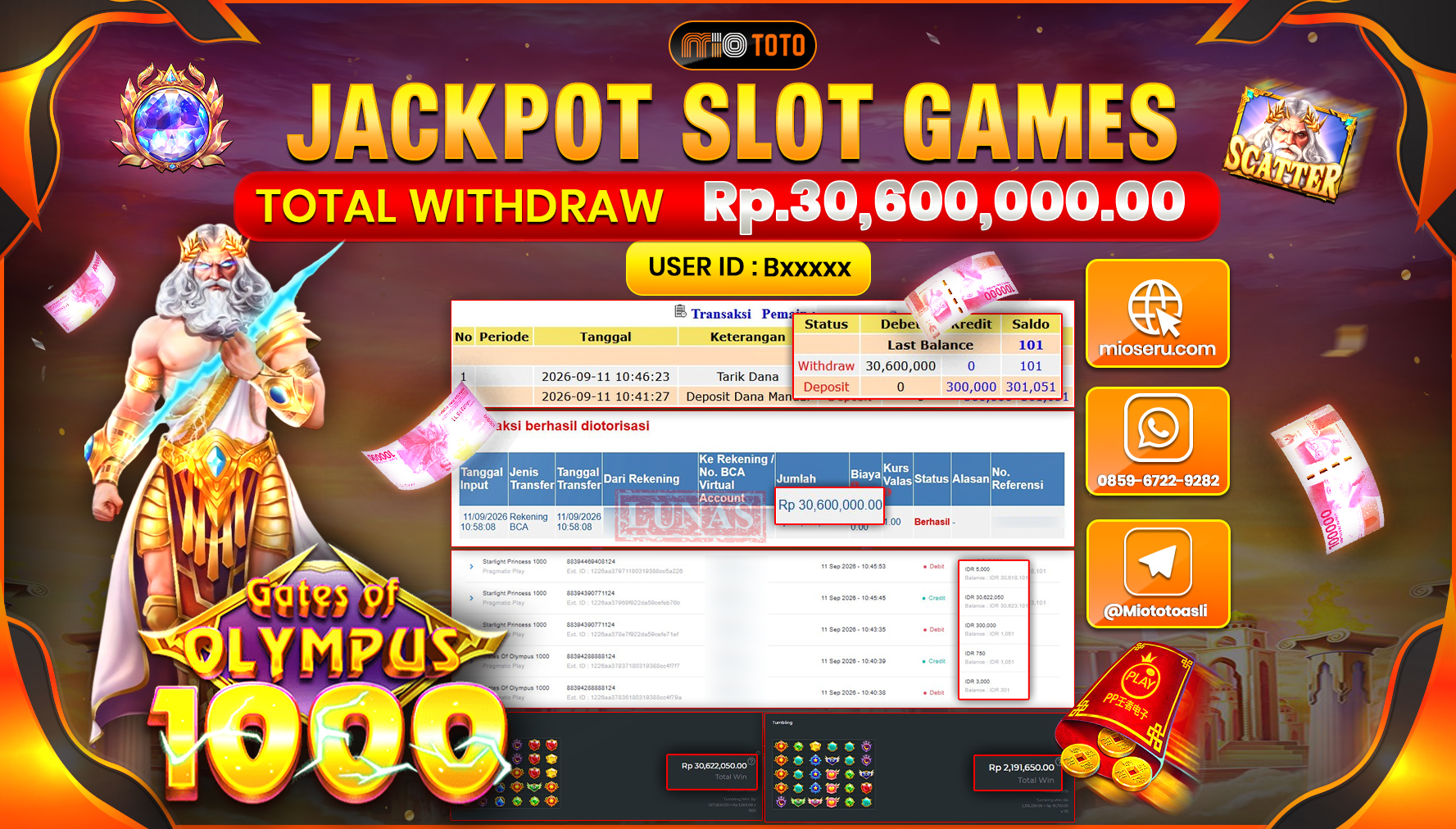 JACKPOT SLOT GATES OF OLYMPUS 1000 Rp.30.600.000 DI BAYAR TUNAI !!!