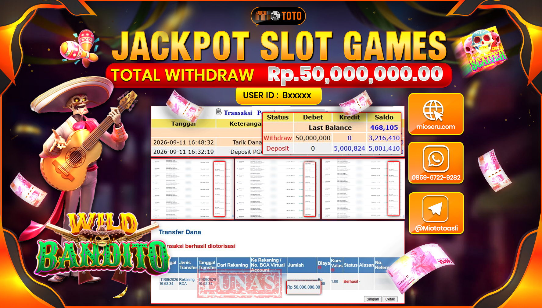 JACKPOT SLOT WILD BANDITO Rp.50.000.000 DI BAYAR TUNAI !!!