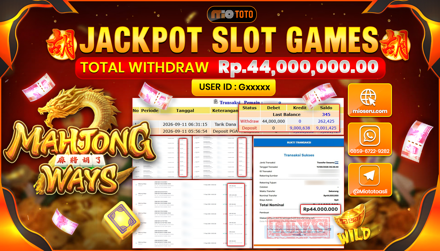 JACKPOT SLOT MAHJONG WAYS Rp.44.000.000 DI BAYAR TUNAI !!!