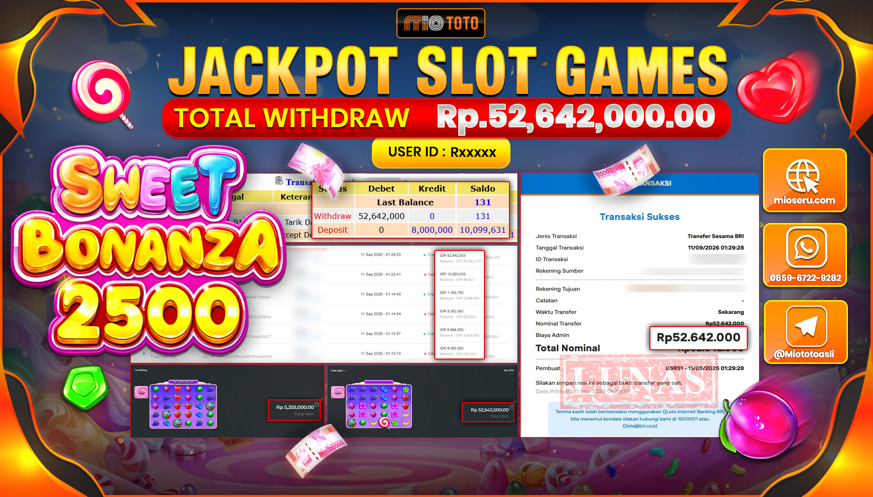 JACKPOT SLOT SWEET BONANZA 2500 Rp.52.642.000 DI BAYAR TUNAI !!!
