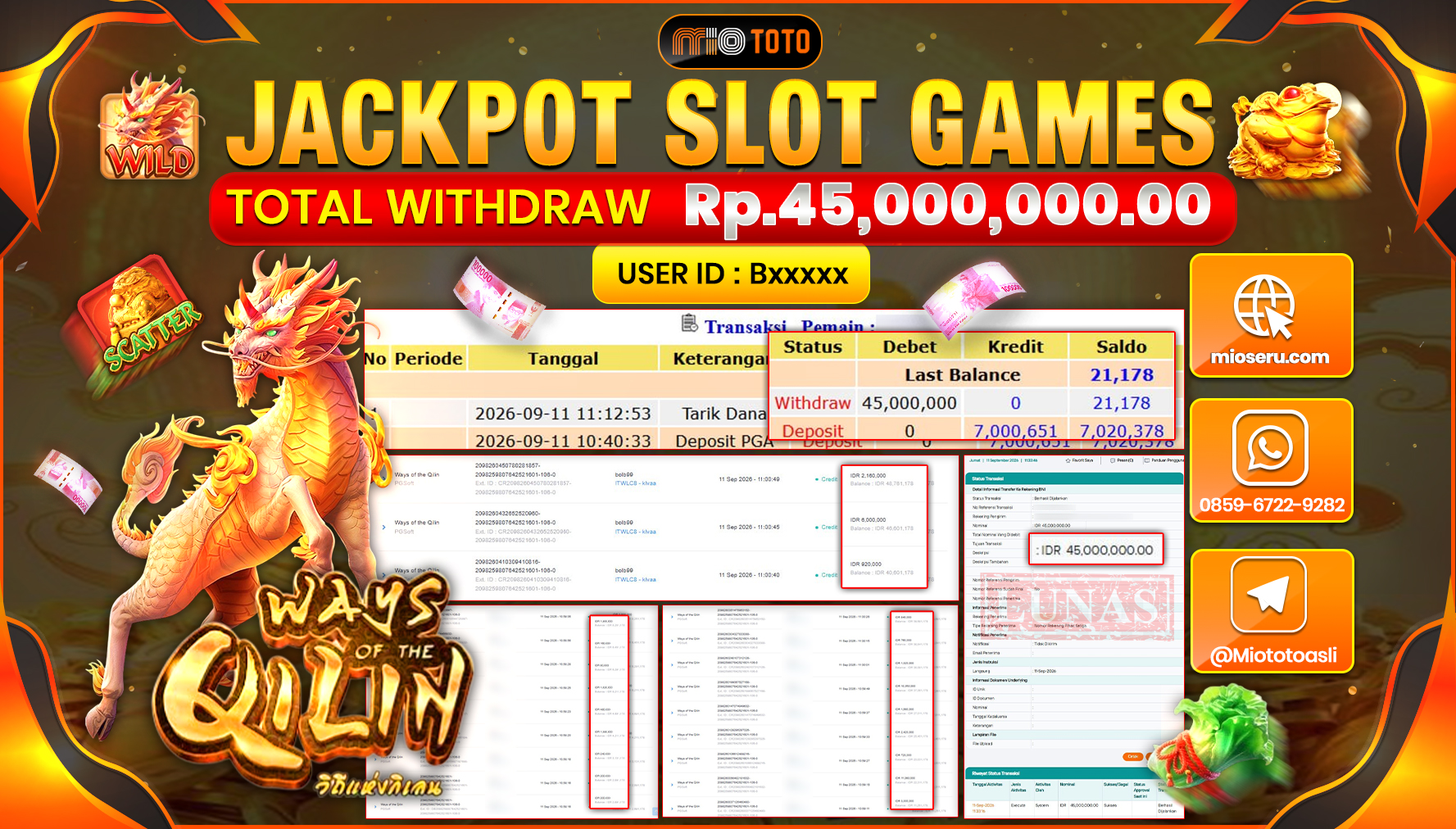 JACKPOT SLOT WAYS OF THE QILIN Rp.45.000.000 DI BAYAR TUNAI !!!
