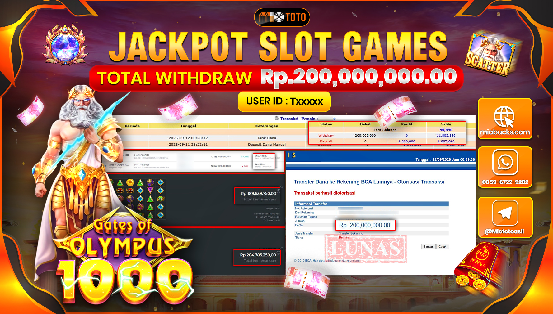 JACKPOT SLOT GATES OF OLYMPUS 1000 Rp.200.000.000 DI BAYAR TUNAI !!!