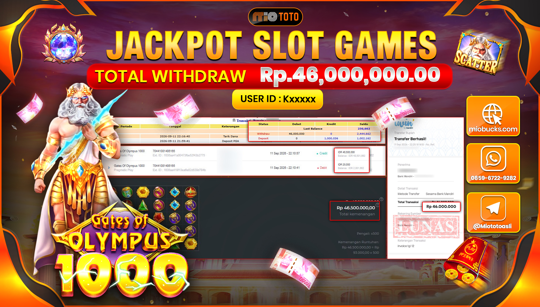 JACKPOT SLOT GATES OF OLYMPUS 1000 Rp.46.000.000 DI BAYAR TUNAI !!!