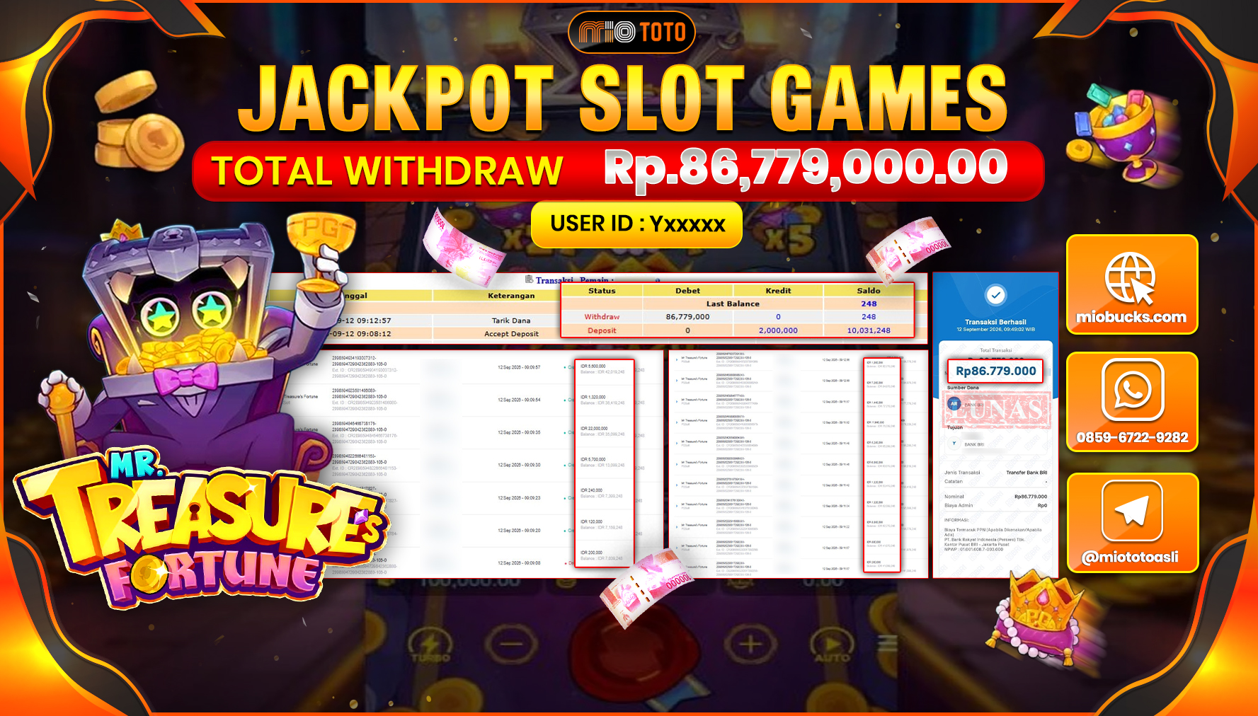 JACKPOT SLOT MR TREASURE FORTUNE Rp.86.779.000 DI BAYAR TUNAI !!!